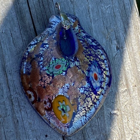 Beautiful Floral Millefiori Glass Pendant Multicolor Flowers 2 1/2" x 2 3/4" - Picture 2 of 8